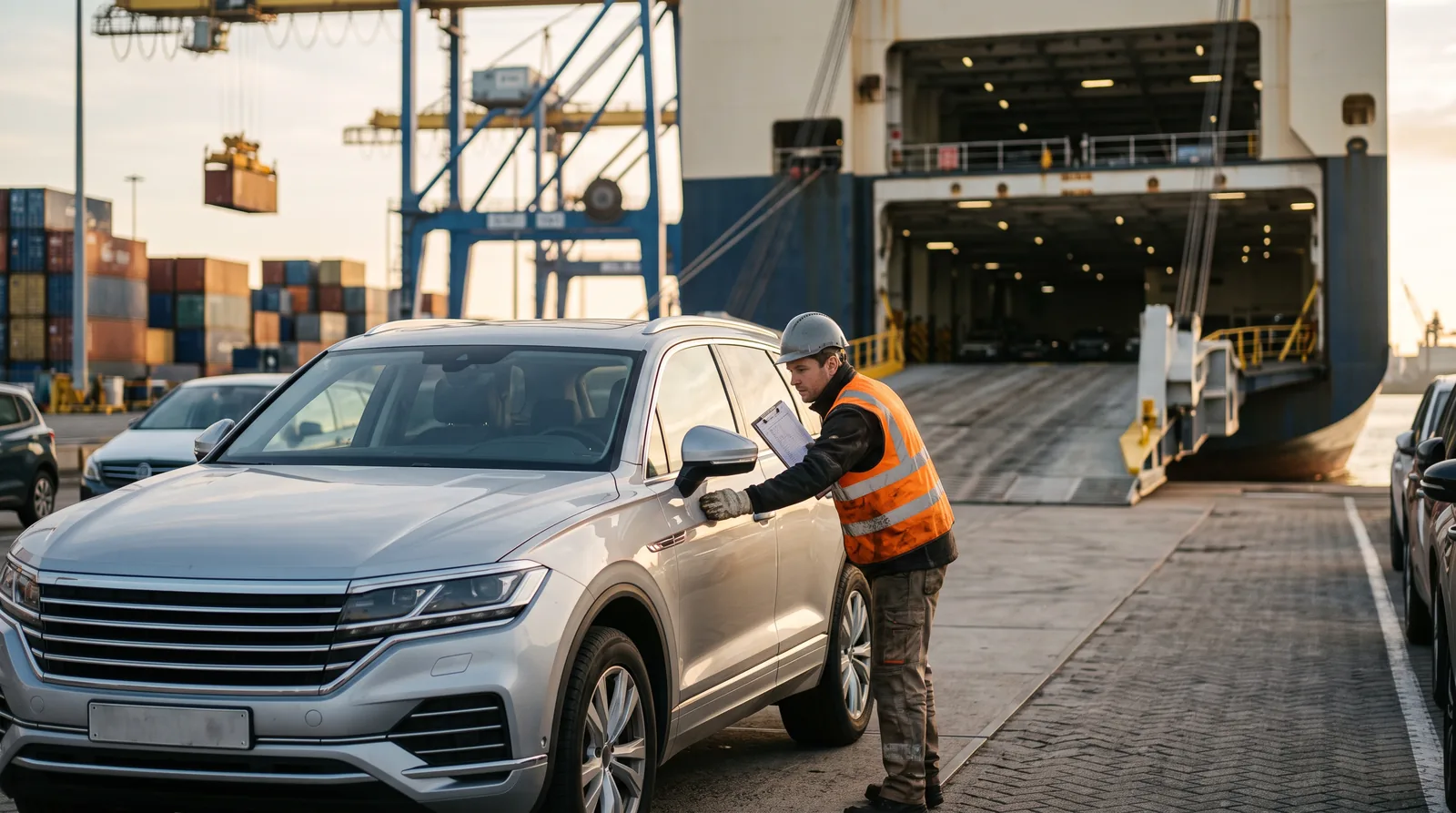 Agent portuaire en gilet haute visibilité inspectant un véhicule sur le quai avant son chargement sur un navire, rampe de chargement ouverte à l'arrière-plan