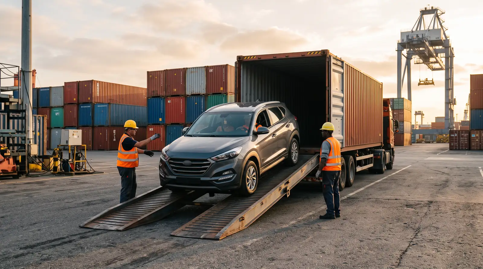 Chargement d'un SUV dans un conteneur maritime à quai, étape de l'expédition vers le port de Dakar