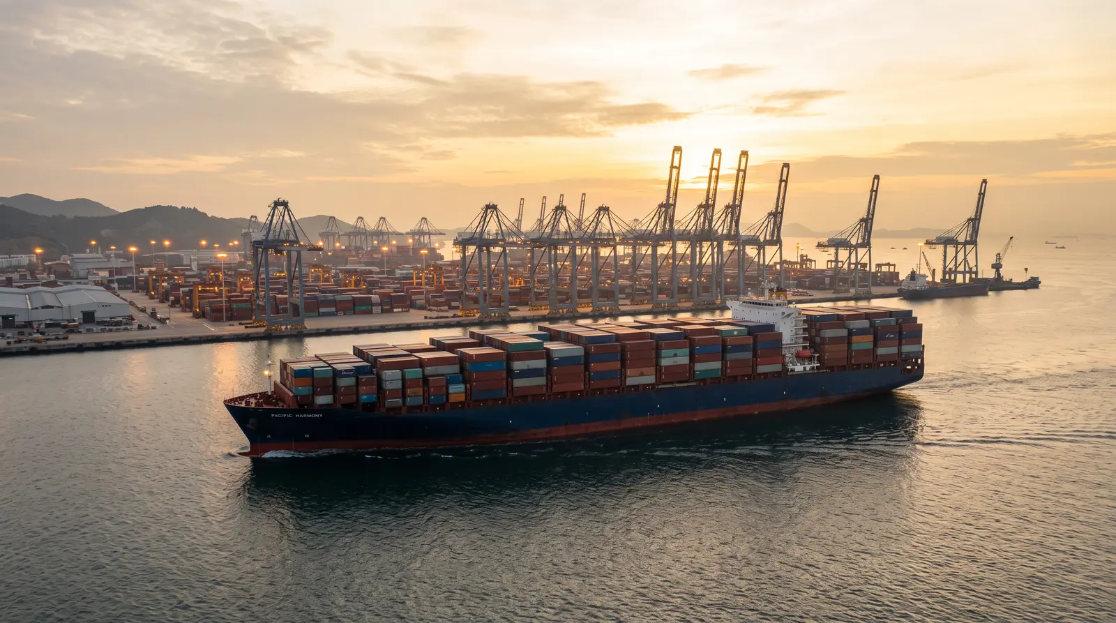 Porte-conteneurs chargé quittant un terminal portuaire chinois au lever du jour, au début des 30 à 45 jours de traversée vers l'Afrique de l'Ouest