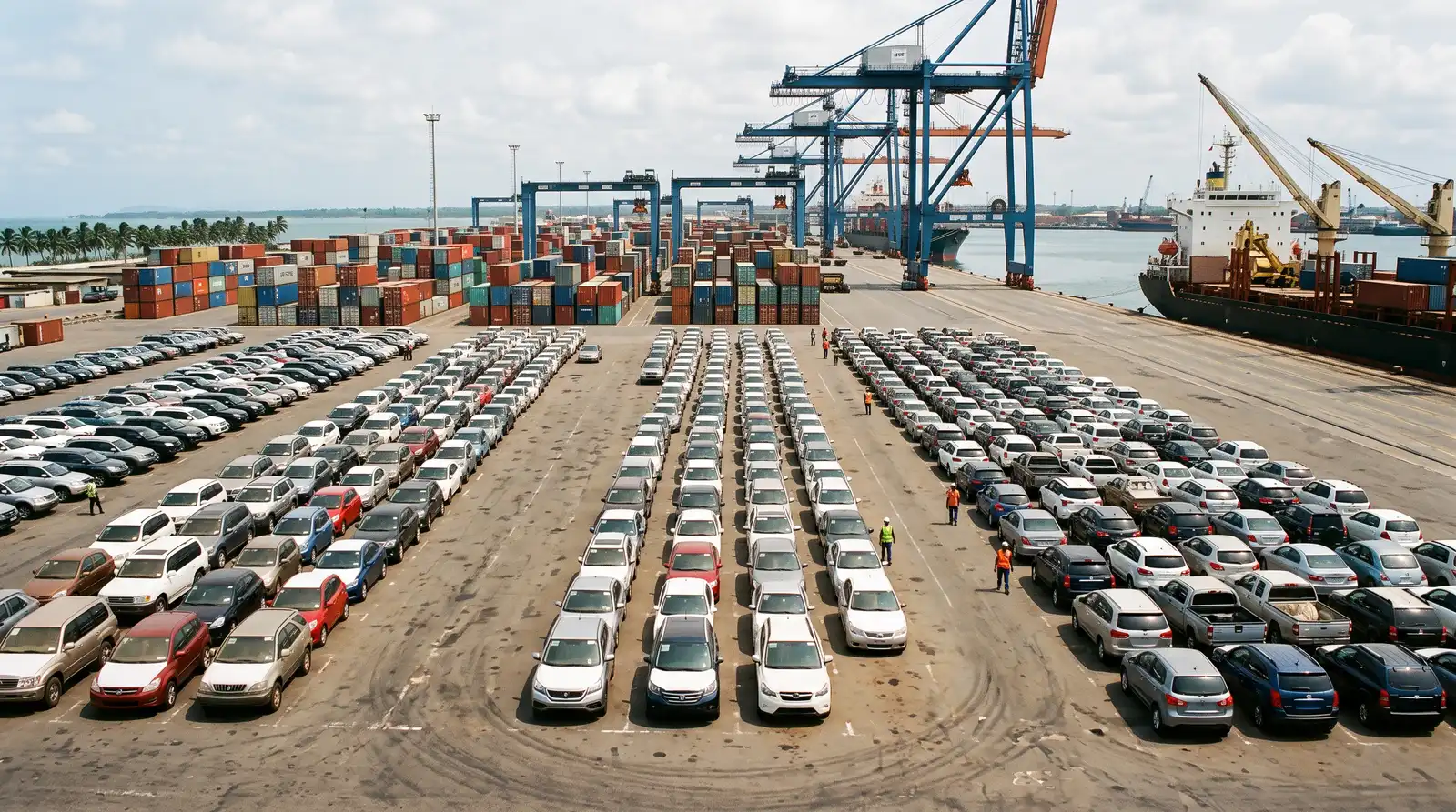 Centaines de voitures d'occasion importées alignées sur un quai portuaire ouest-africain, grues à conteneurs en arrière-plan
