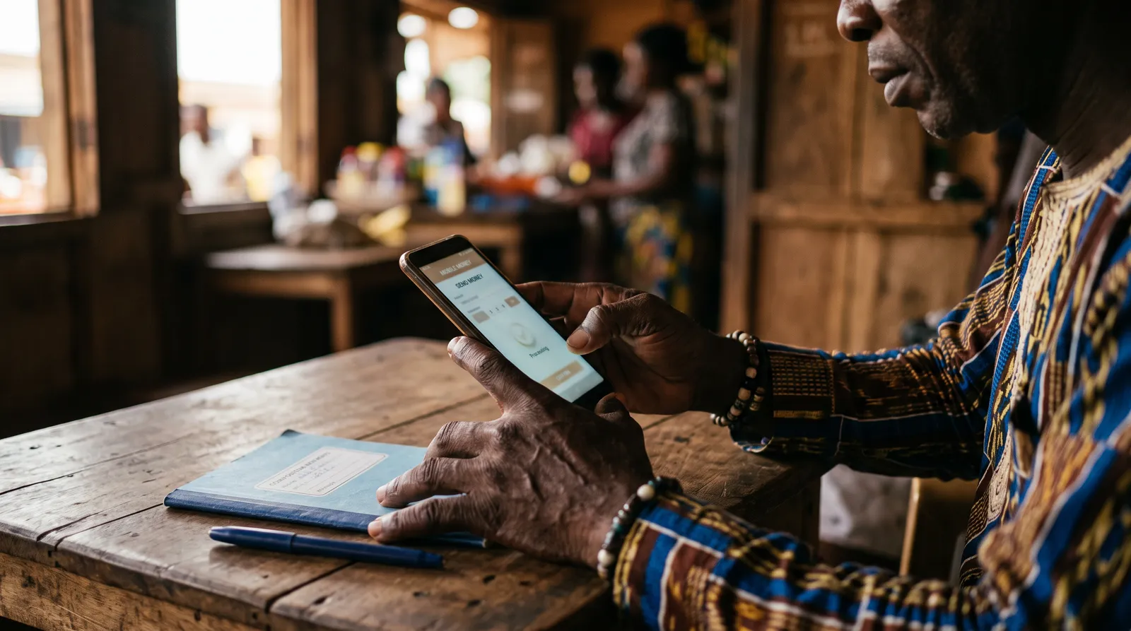 Homme effectuant un paiement par mobile money sur son téléphone, un carnet et un stylo posés sur la table à côté de lui
