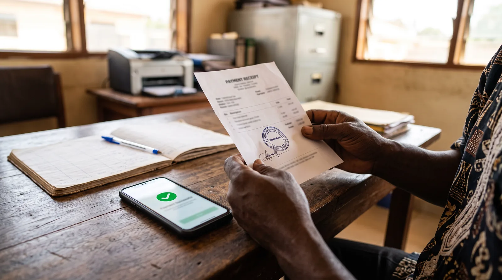 Reçu de paiement tamponné tenu en main, à côté d'un téléphone affichant une confirmation de paiement mobile money