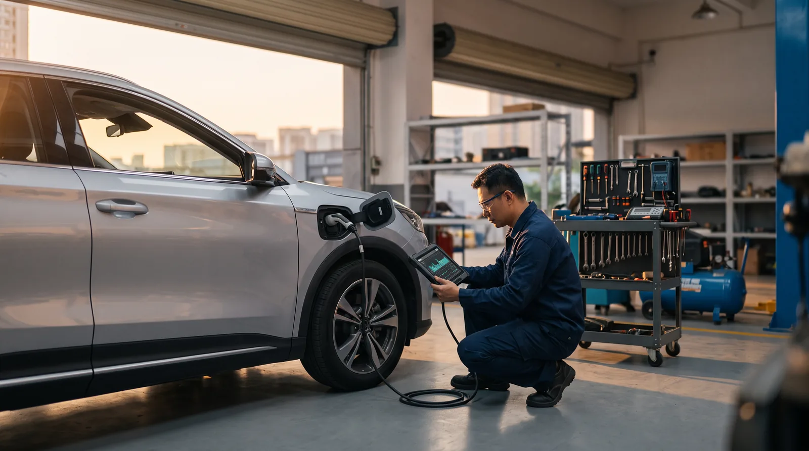 Mécanicien à Guangzhou effectuant un diagnostic batterie sur une voiture électrique chinoise, tablette de diagnostic branchée au port de charge