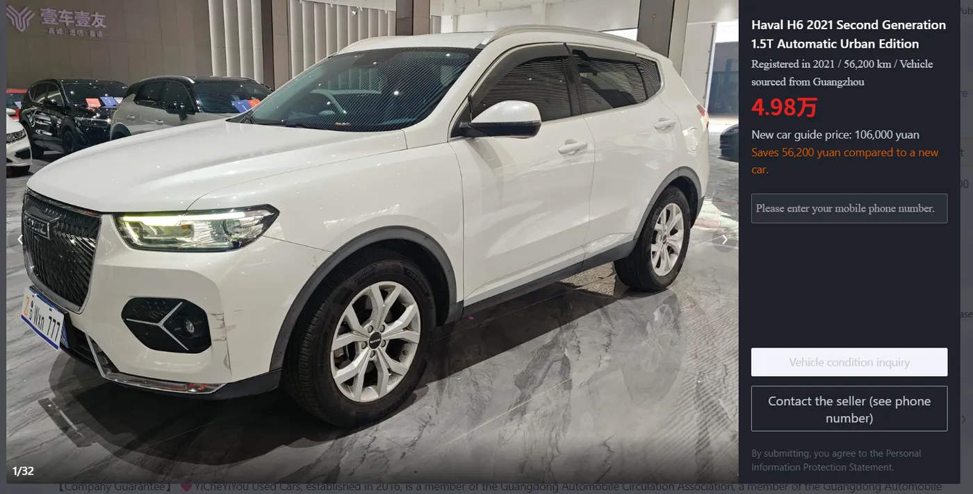 Haval H6 2021 blanc de trois quarts avant — véhicule importé de Chine par Chine Direct Auto